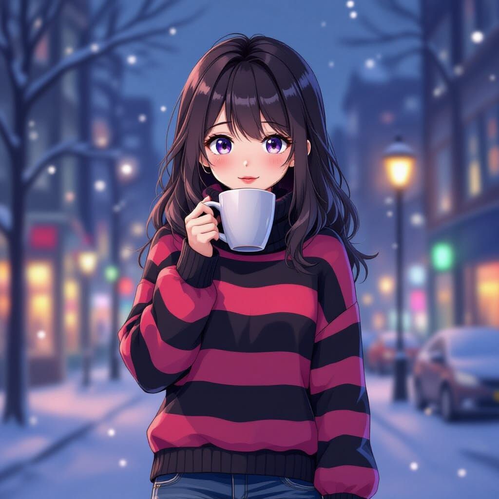 Emo Girl in Winter City with Coffee, Anime Style