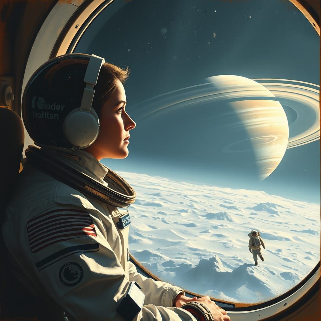 Mother Astronaut Gagarin Watches Child Play on the Moon