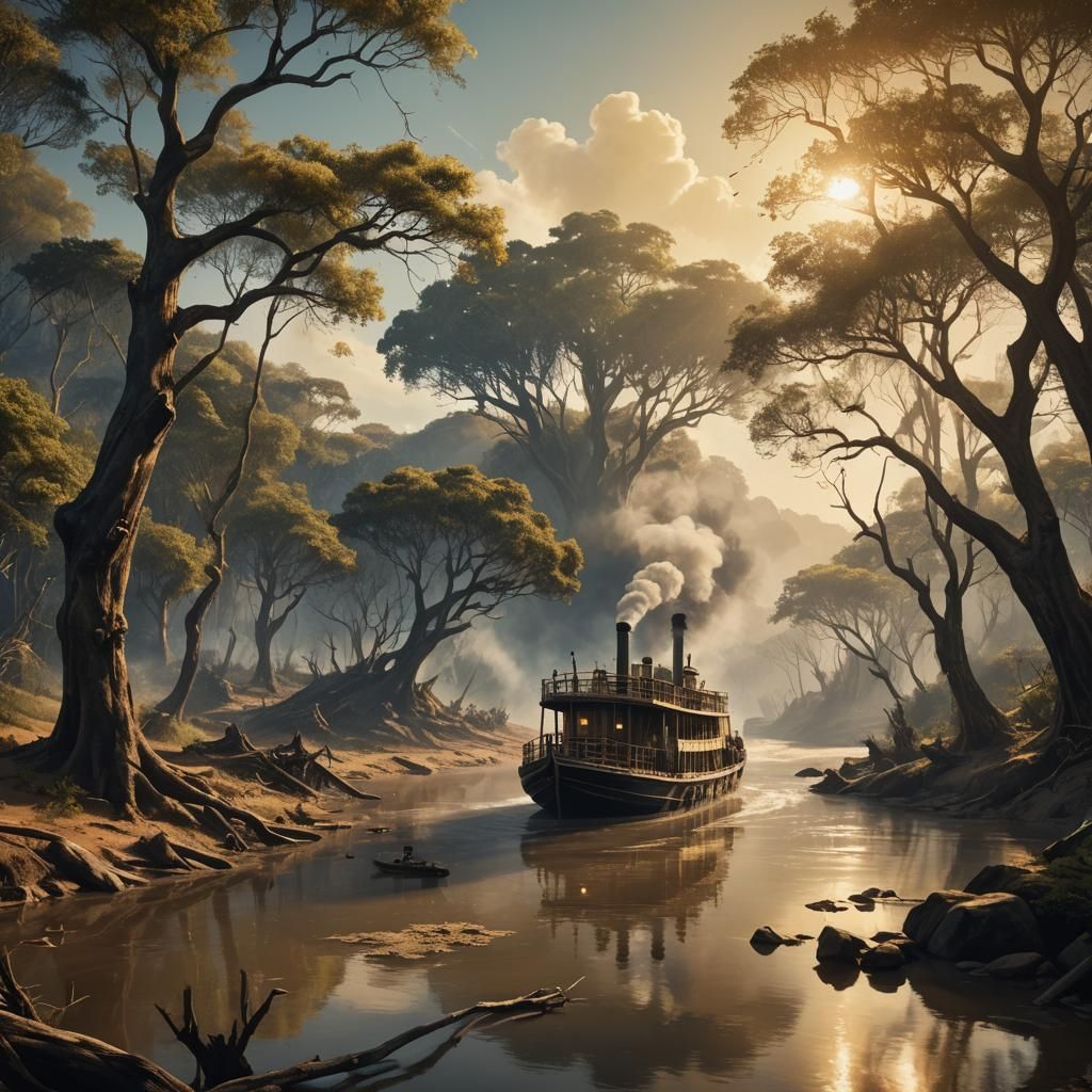 Brazilian Steamboat on Dry River as Oil Painting