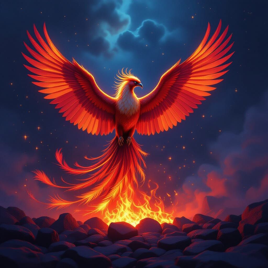 Majestic Phoenix Rises from Embers in Nebula