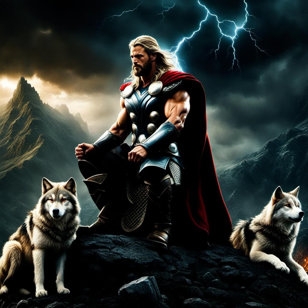 Mythical Thor, on hill during storm with wolves ready for ba...