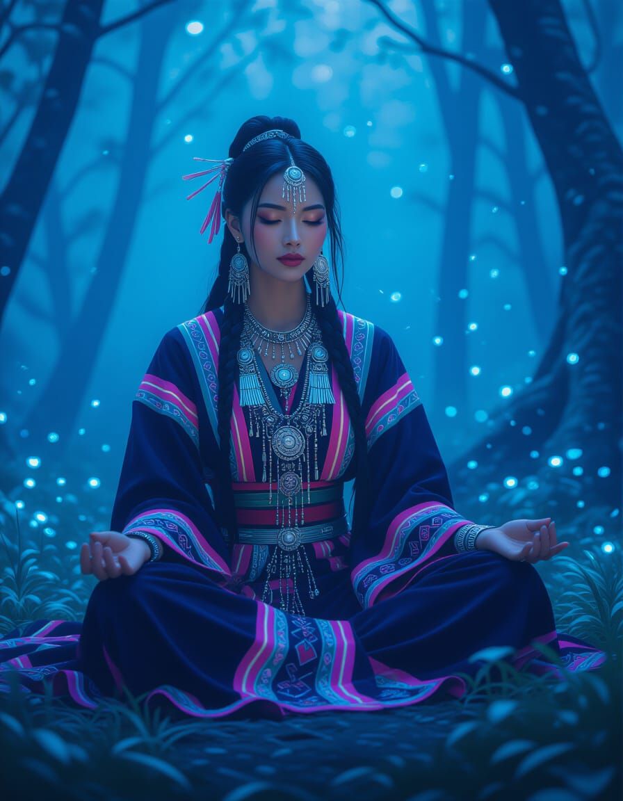 Hmong Shamaness Meditating in Bioluminescent Forest