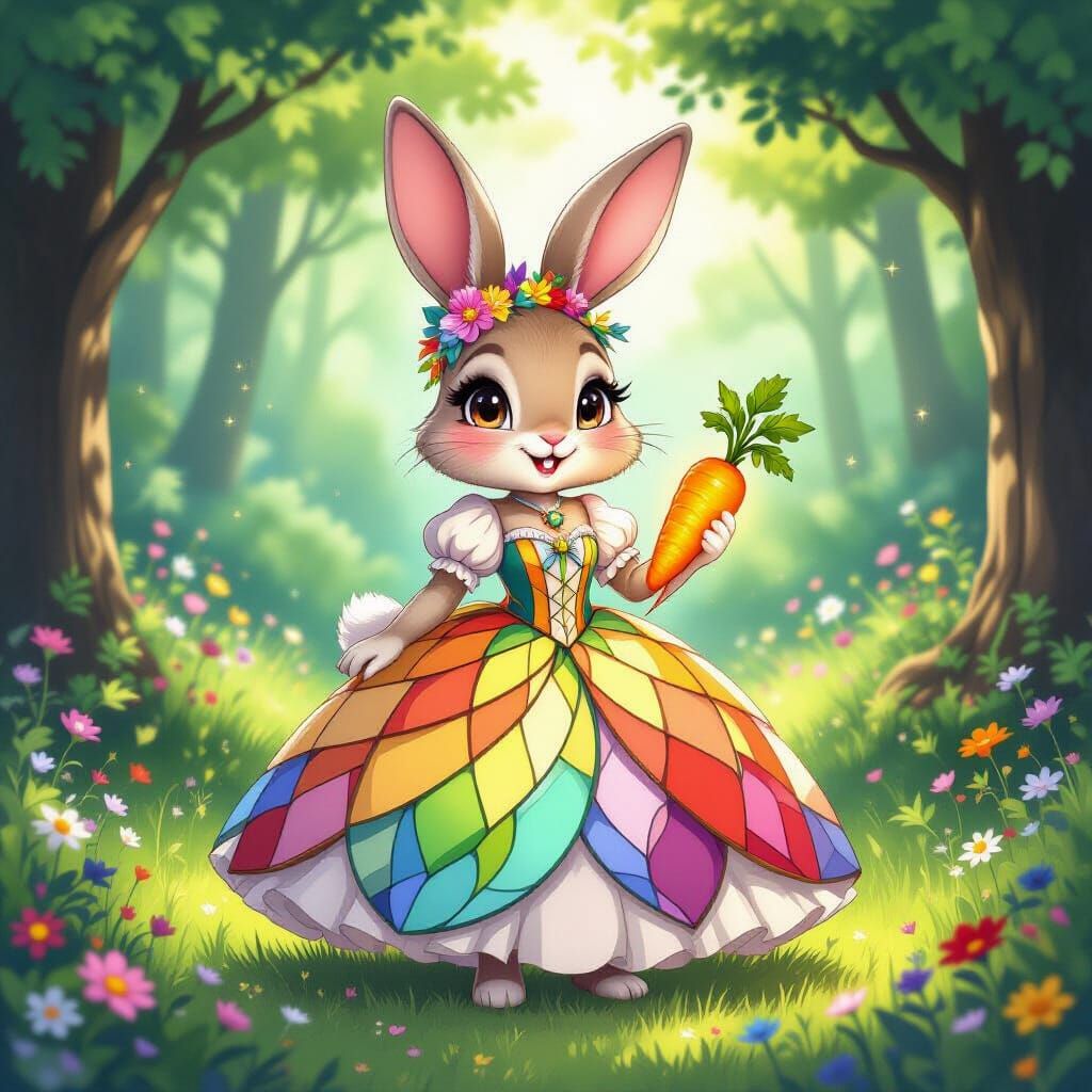 Whimsical Rabbit in Stained Glass Gown with Glowing Carrot