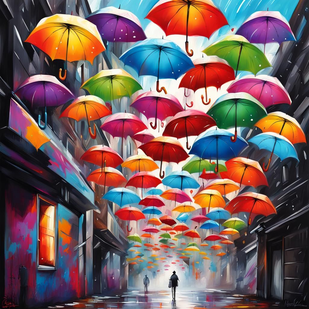 Umbrellas Flying: Graffiti Art in Polychromatic Sky
