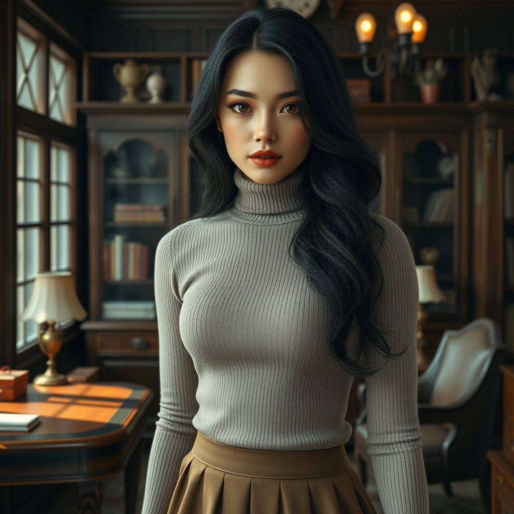 Woman in Turtleneck in Vintage Office, Matte Painting