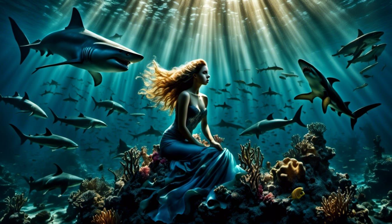 Mermaid Surrounded by Sharks in Surreal Underwater Portrait