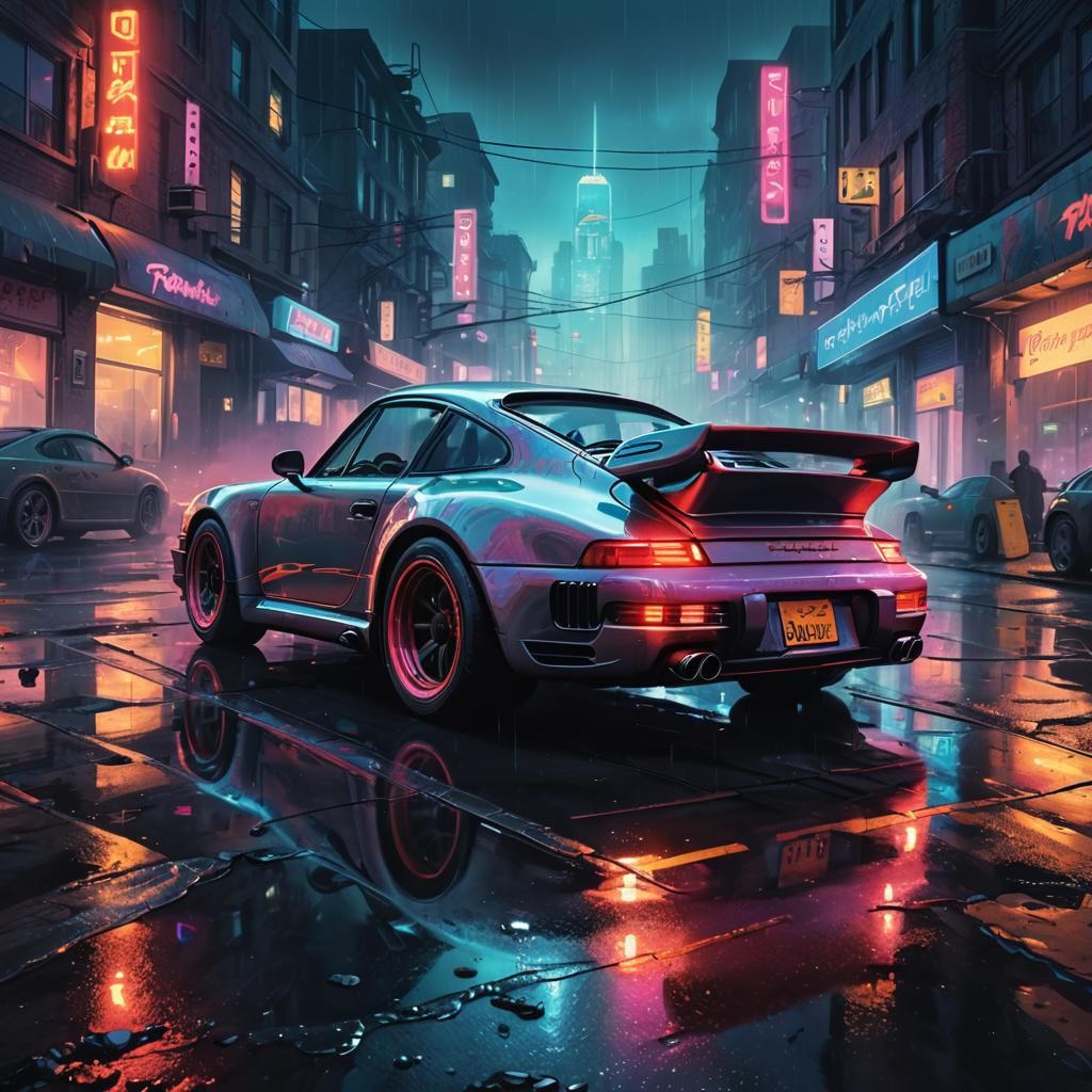 Porsche 959 in Retro-Futuristic Cyberpunk Cityscape
