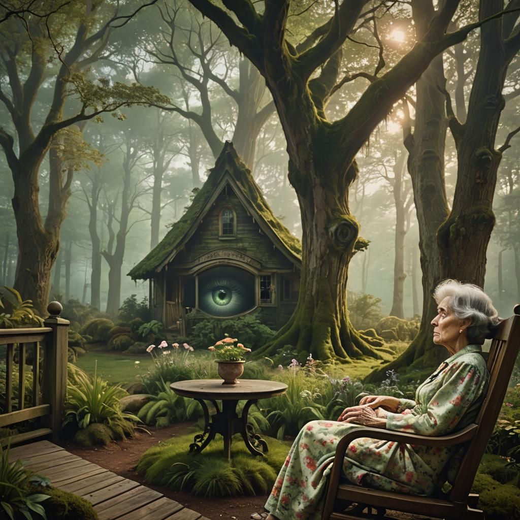 Surreal Giant Eye Observes Woman in Dreamlike Landscape