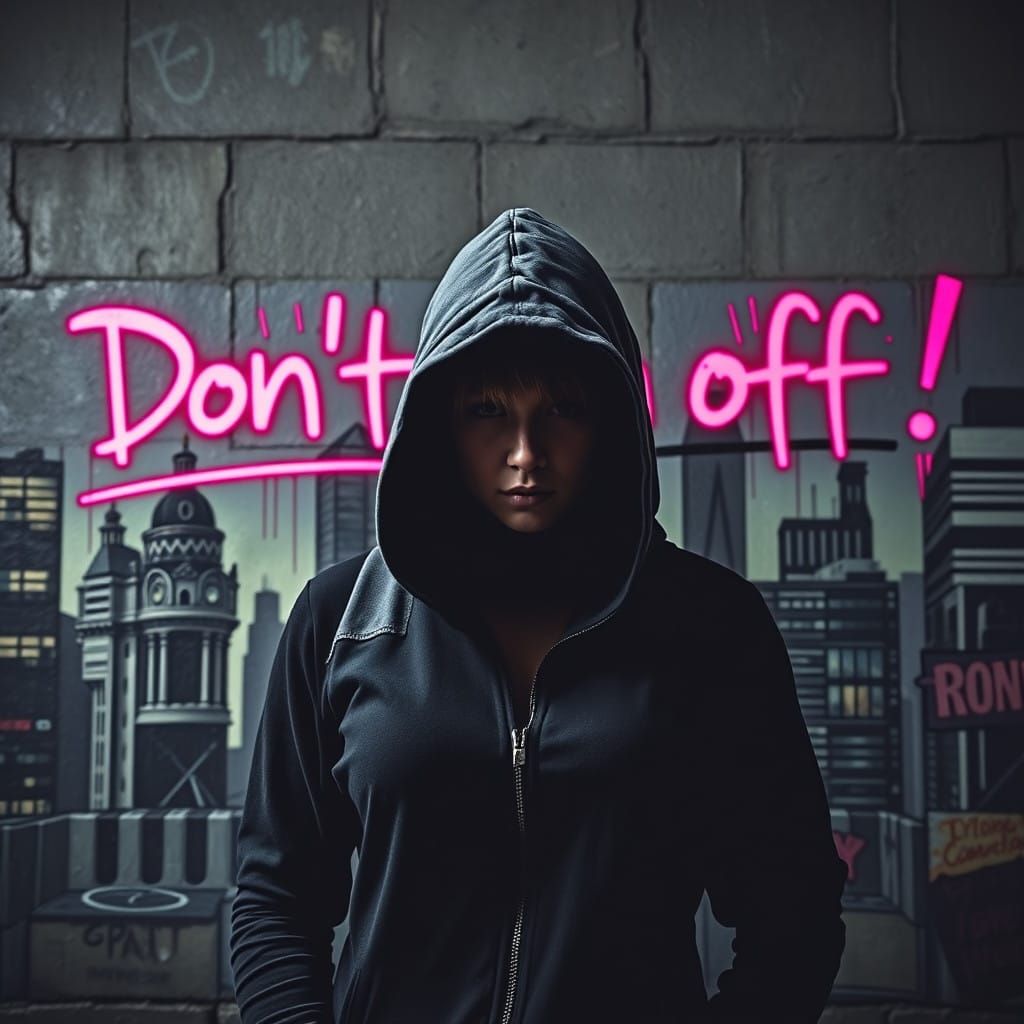 Rebellious Woman Defies Authority on City Wall in Neon Graff...