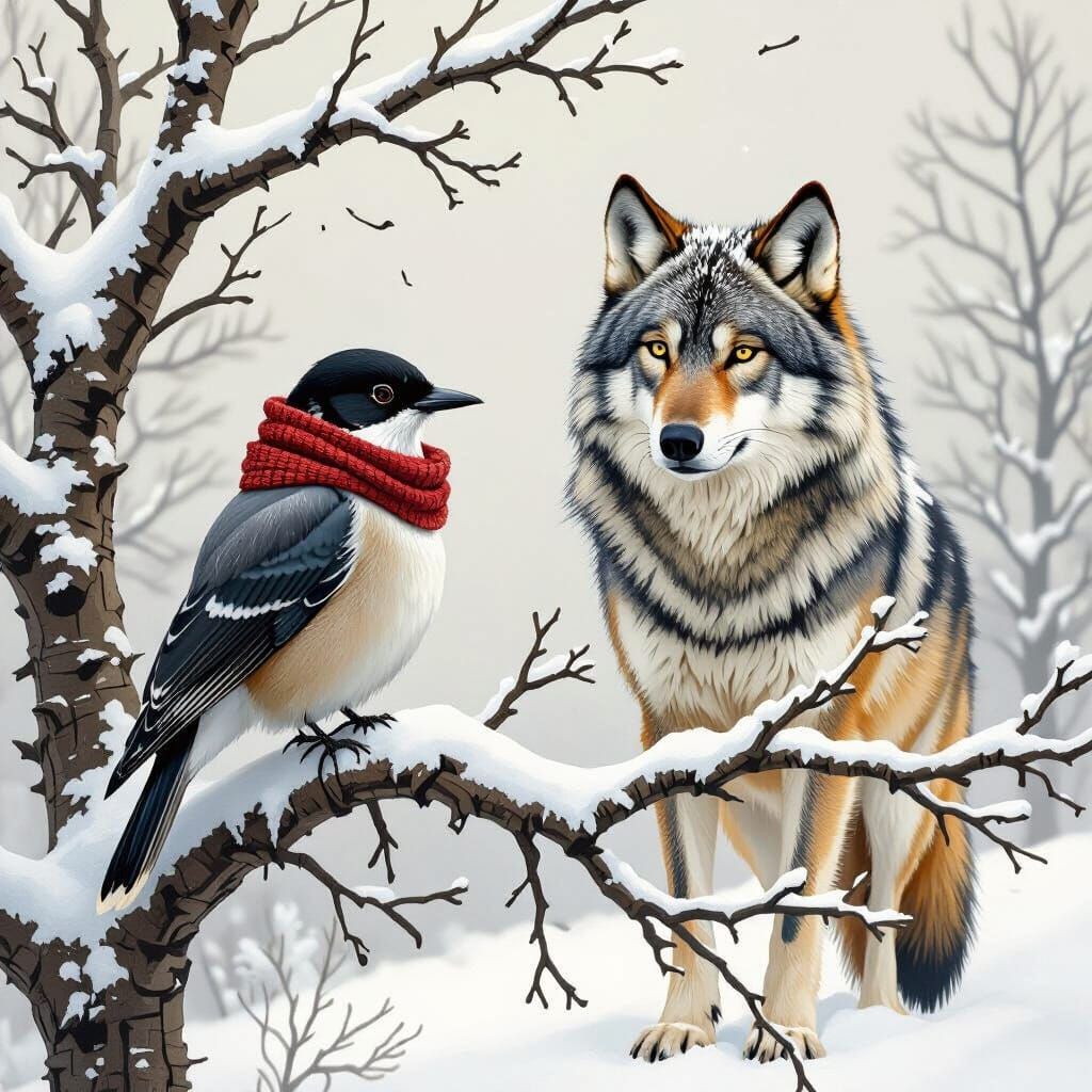Winter Bird and Wolf in Realistic Fantasy Style