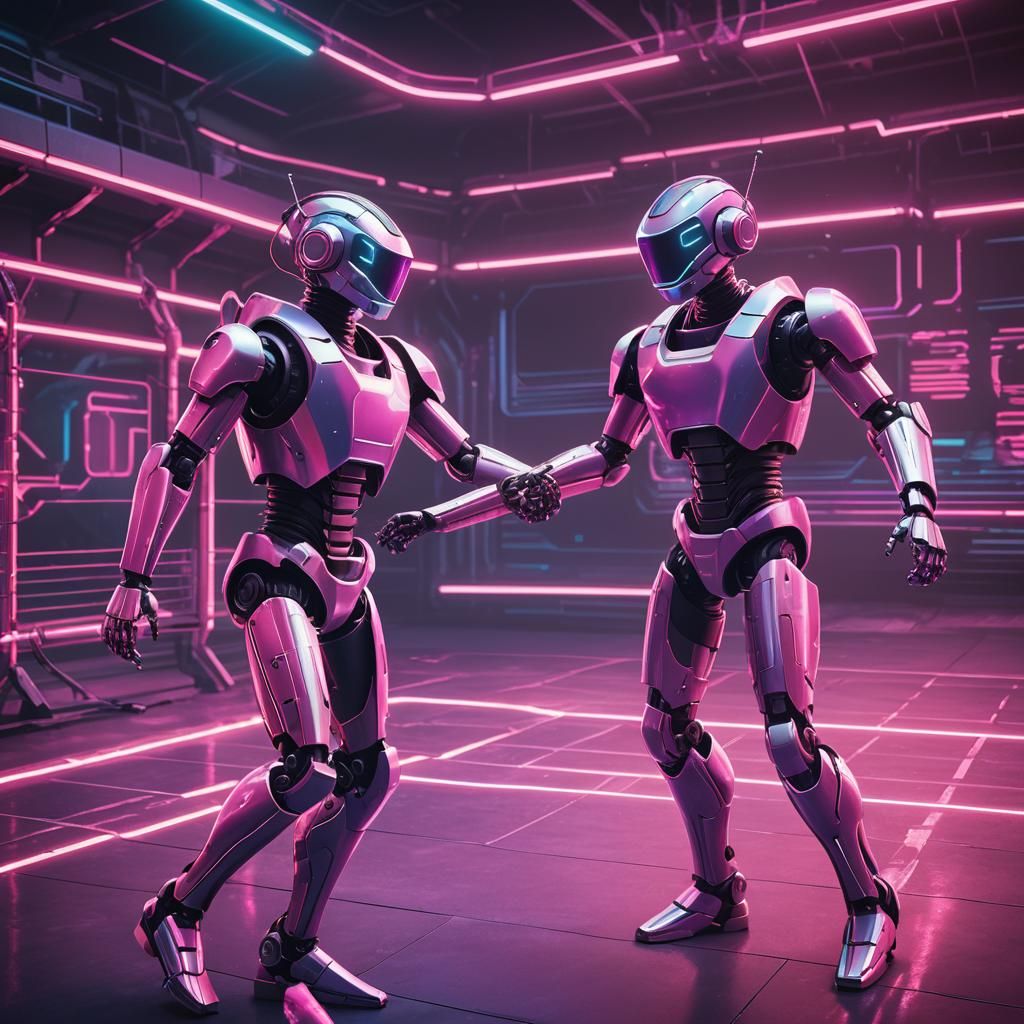 Robots Fencing in Neon-lit Futuristic Arena