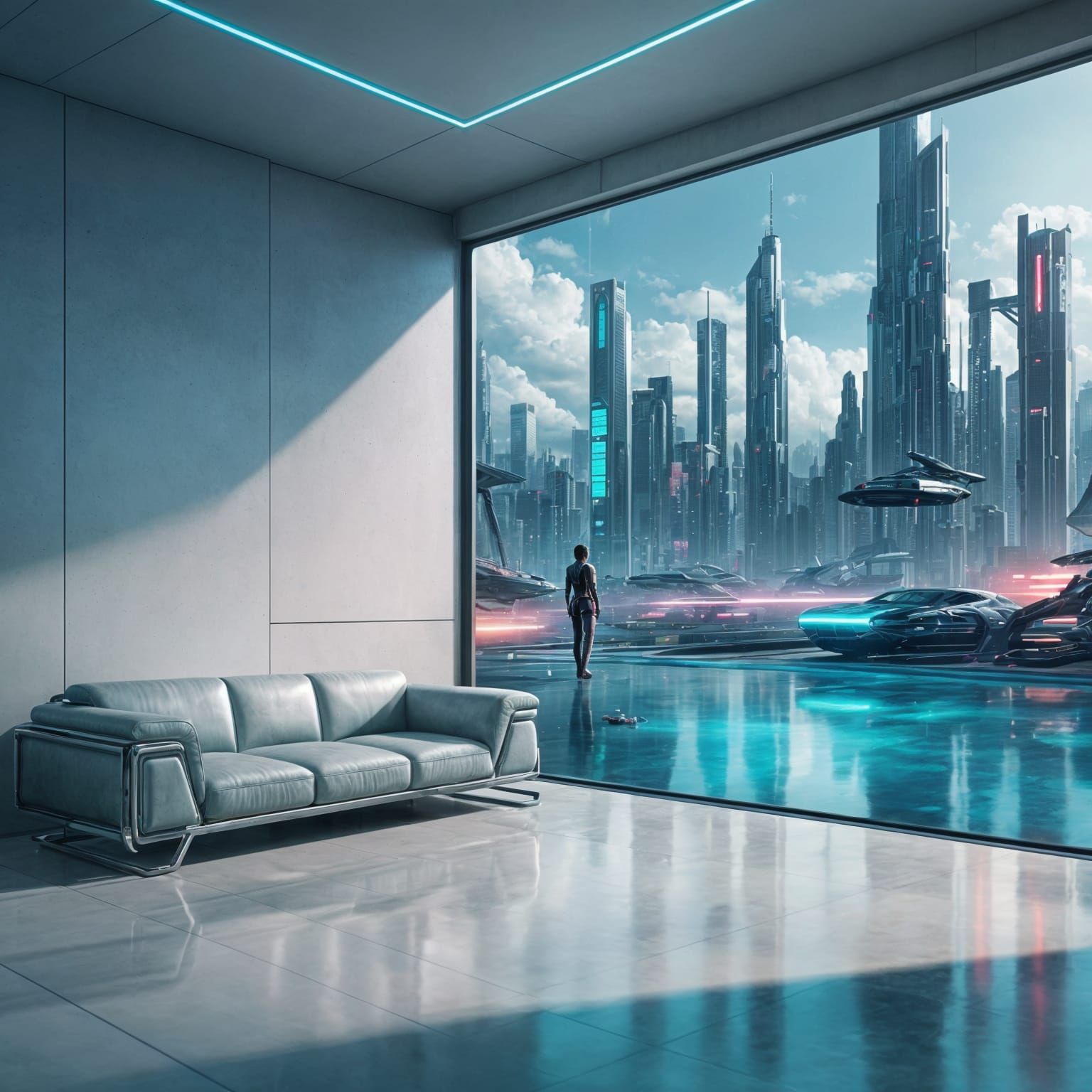 Futuristic Cyberpunk Interior with Neon Glow and City View