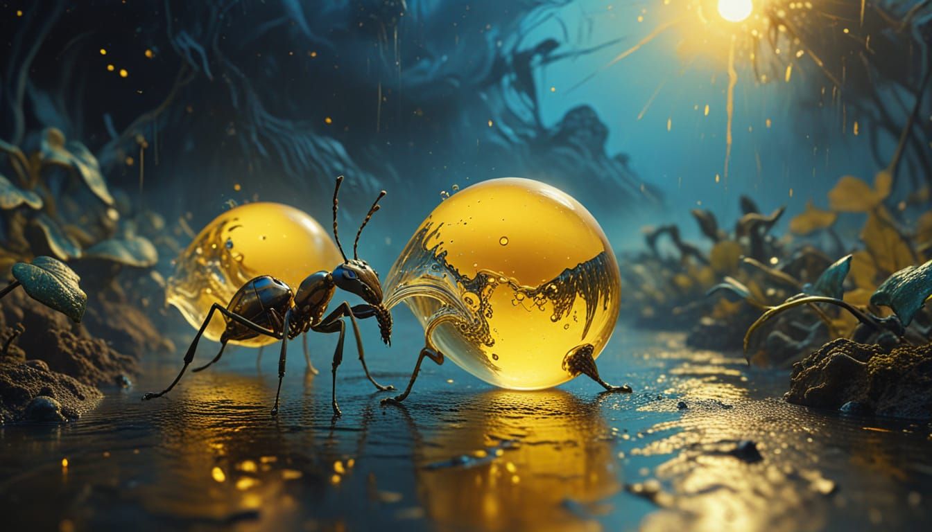 Surrealist Ant Carrying Water Droplet Under Starry Sky
