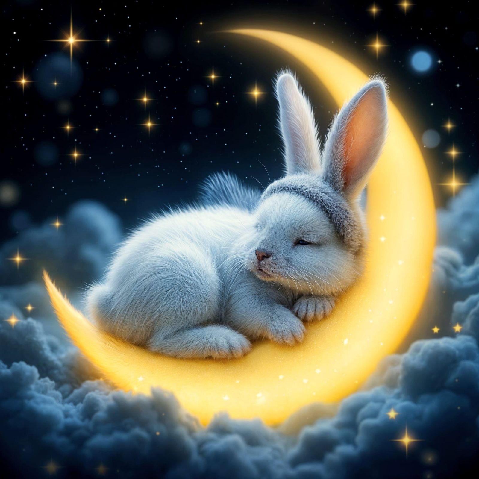 Cute Bunny Sleeping on Bioluminescent Moon