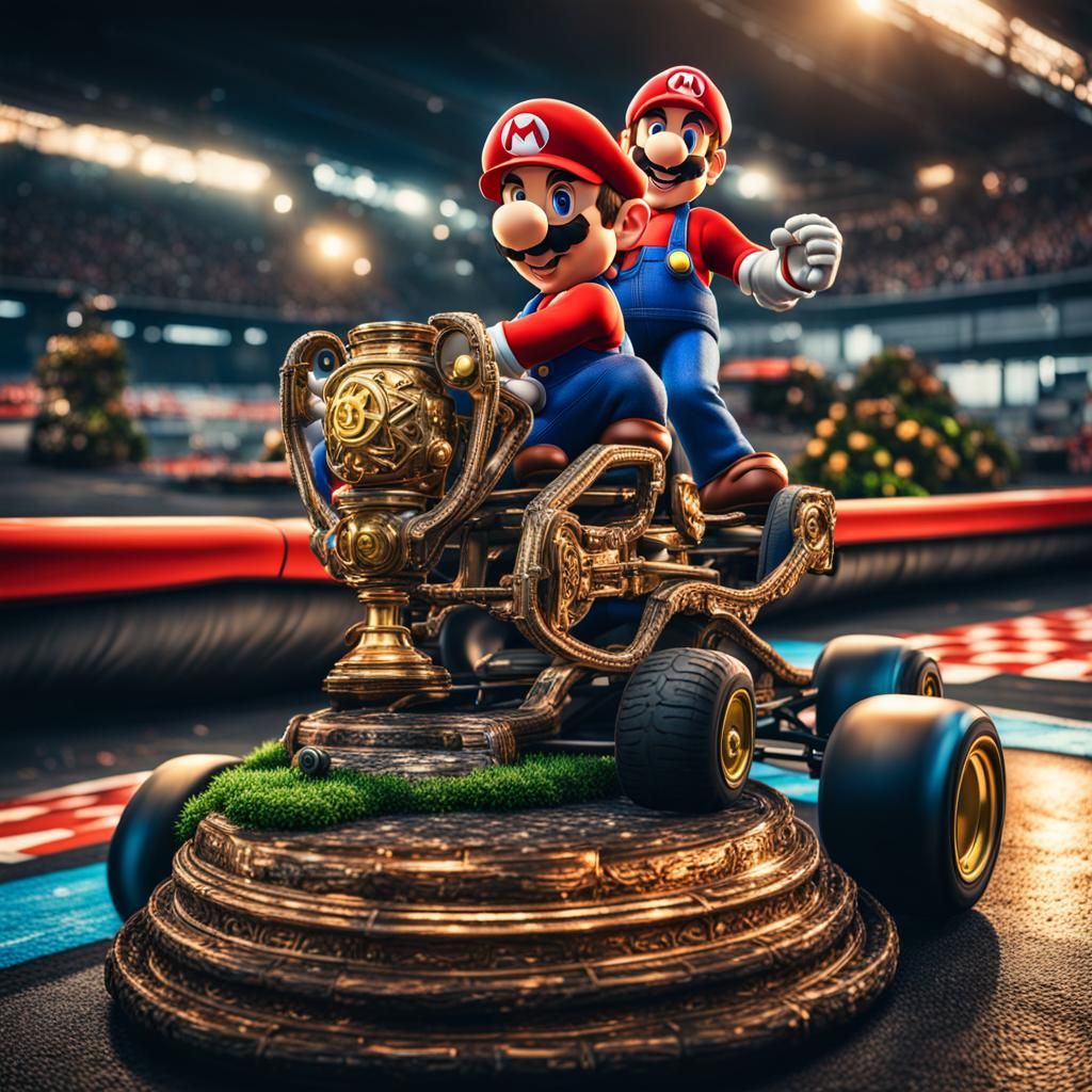 Mario Kart Trophy Winners in Hyperrealistic Style