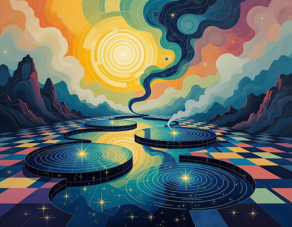 Surreal Landscape with Iridescent Sparks and Pools