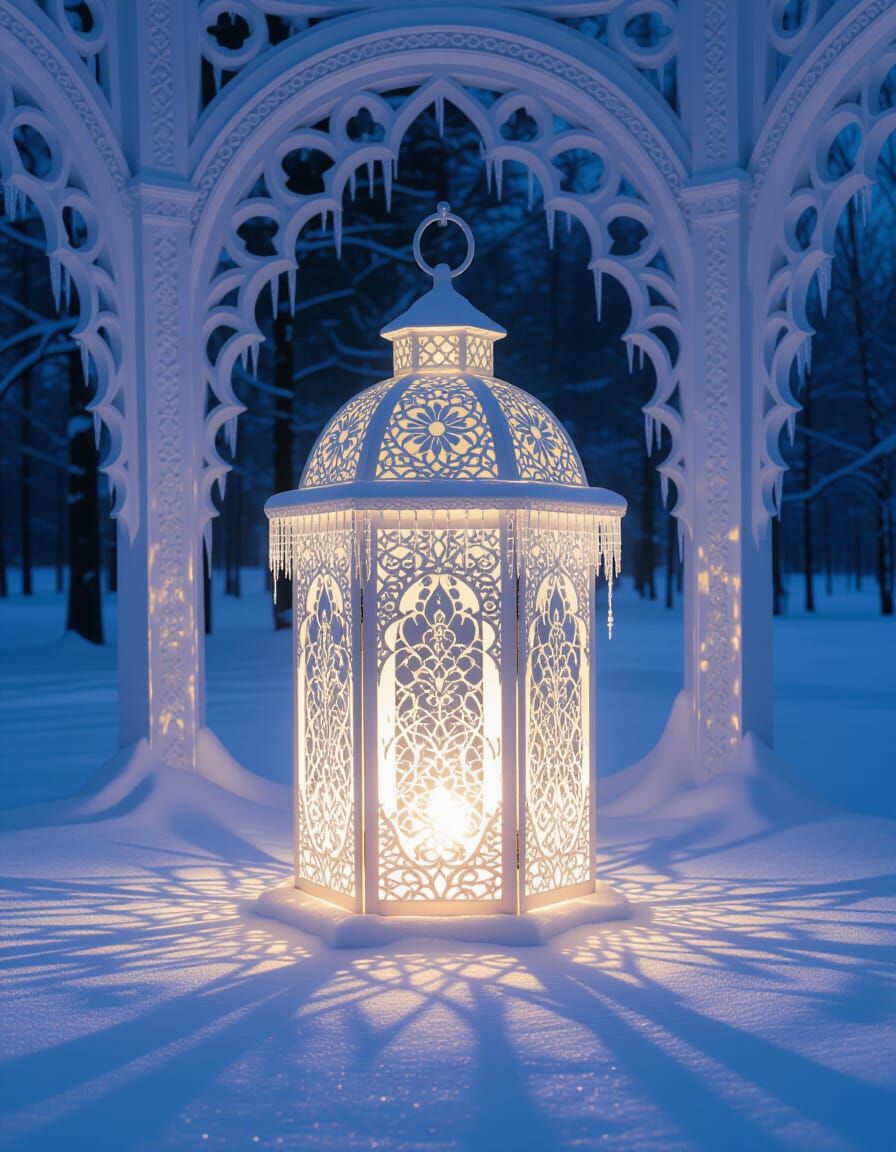 Glowing Ice on Fire Antique Lace Lantern in Mirrored Outdoor...