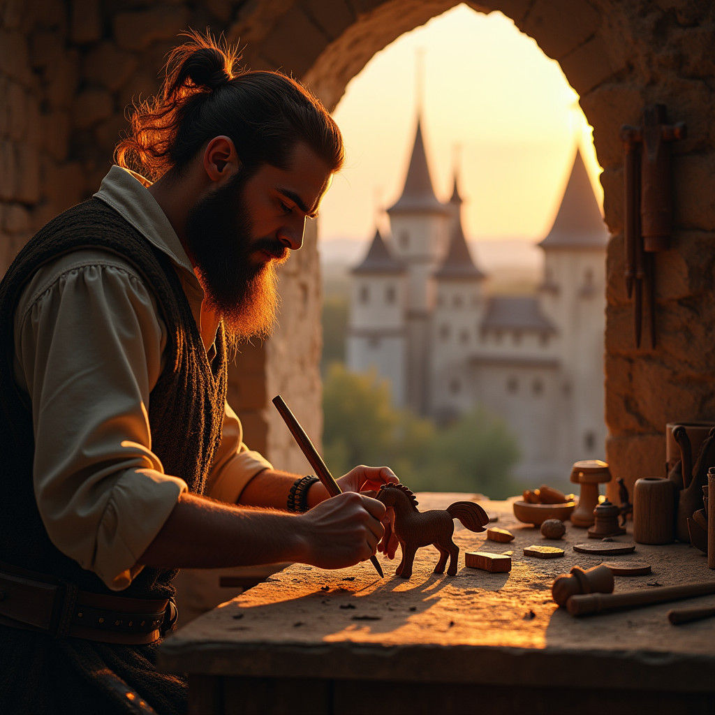 Medieval Craftsman Sculpts Horse in Warm Golden Light