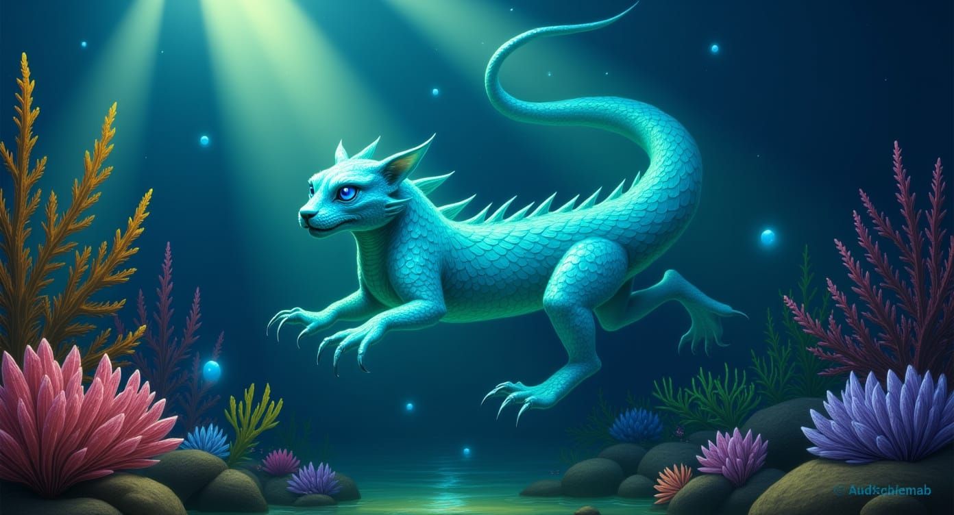 Majestic Water Dragon in Coral Reef Oil Painting