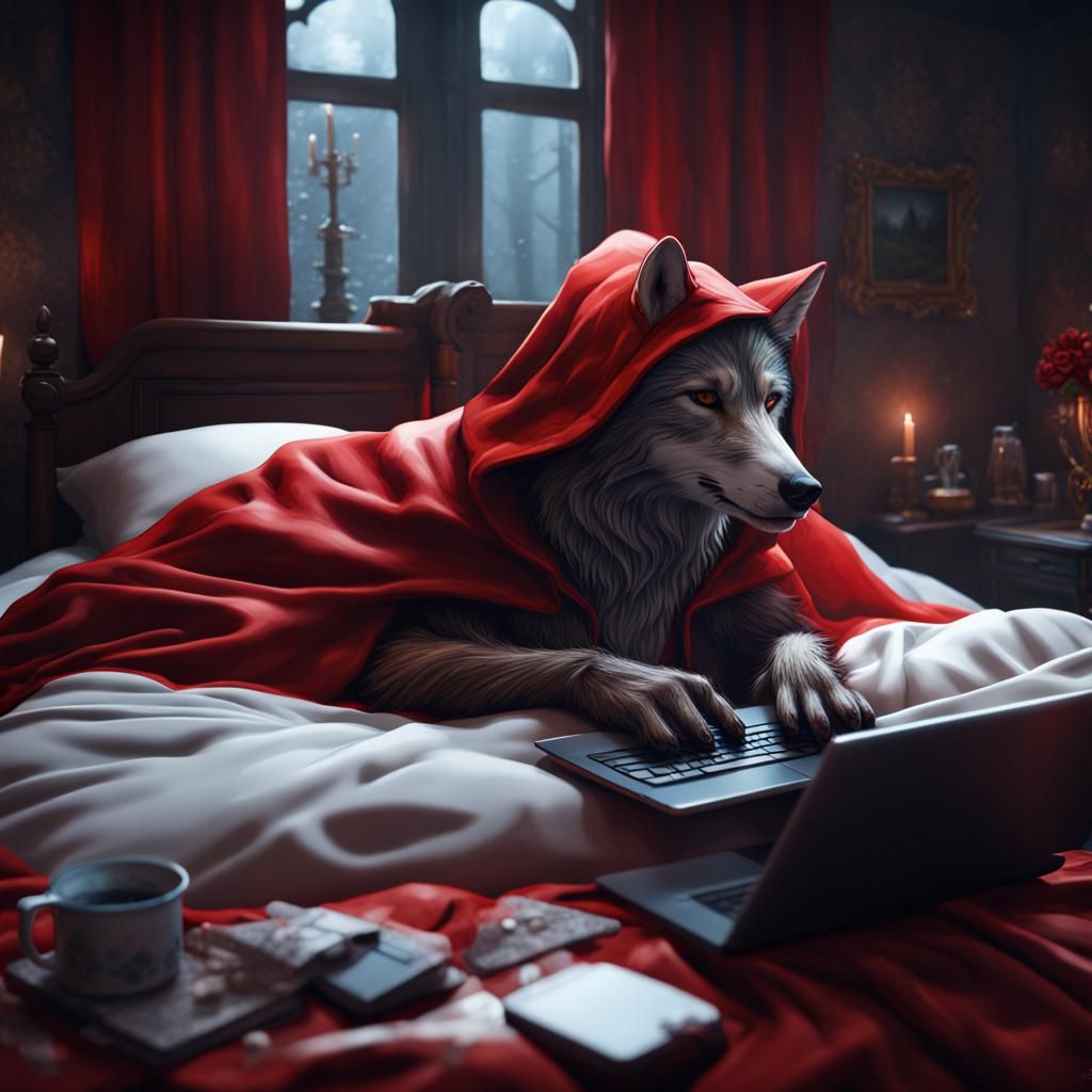 Red Riding Hood Wolf in Bed: Fantasy Concept Art