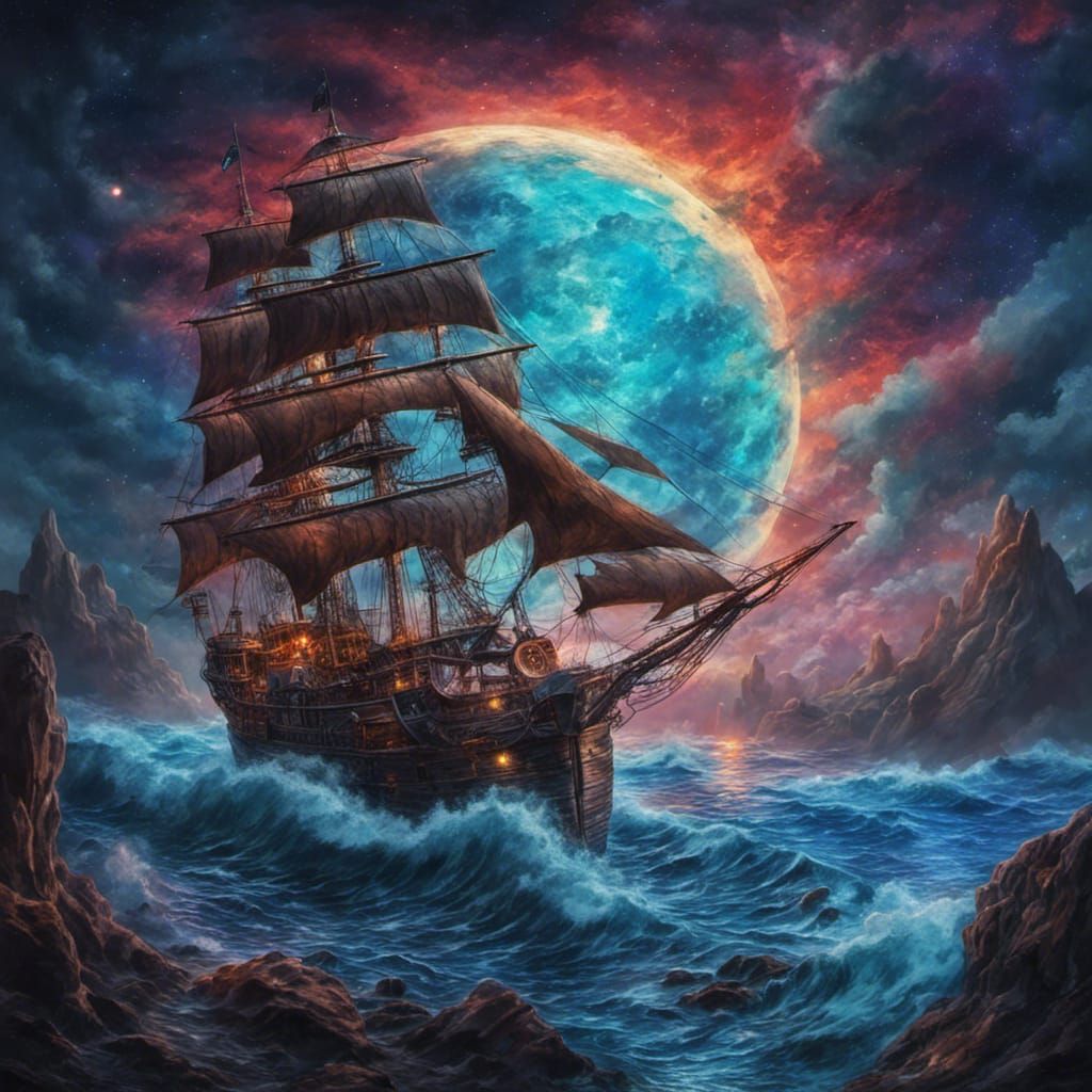 Mystical Pirate Ship Sails Under Bioluminescent Moon