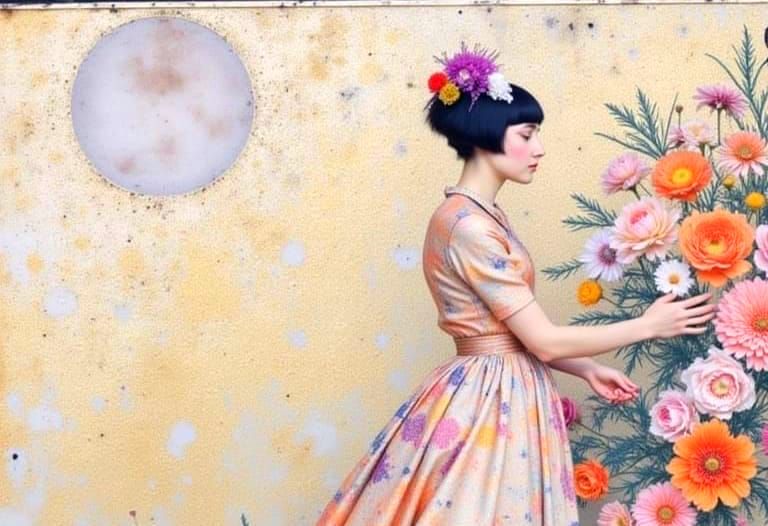 Woman with Floral Background in Klimt Style