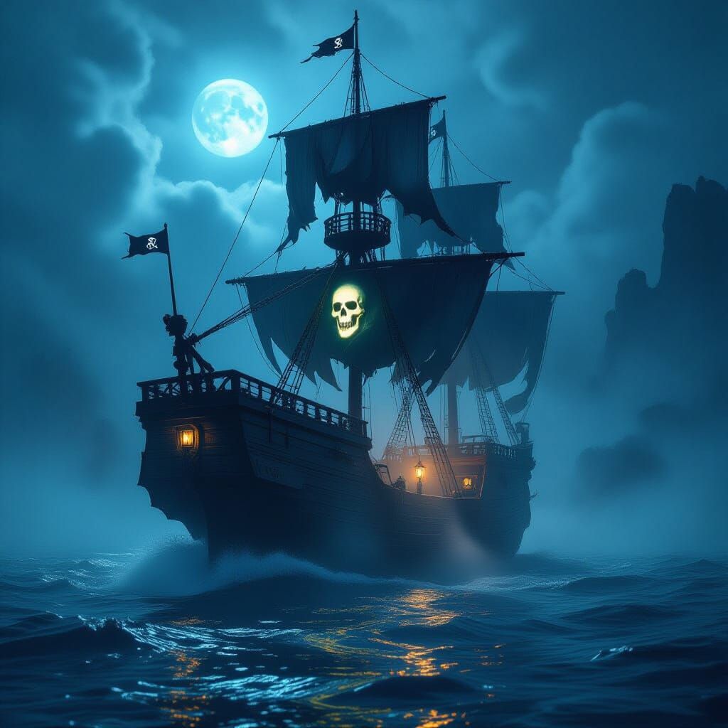 Ghostly Pirate Ship in Bioluminescent Fog