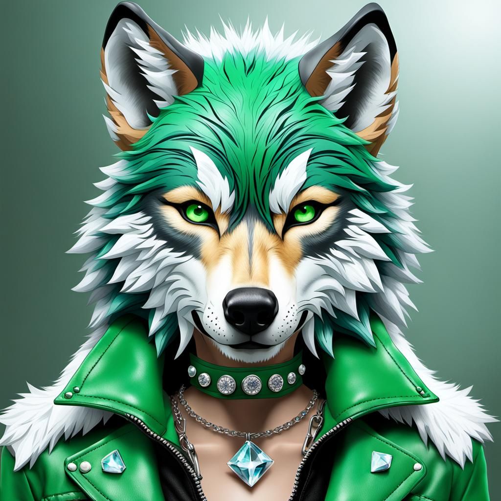3D Wolf Furry Art with Green Leather Jacket