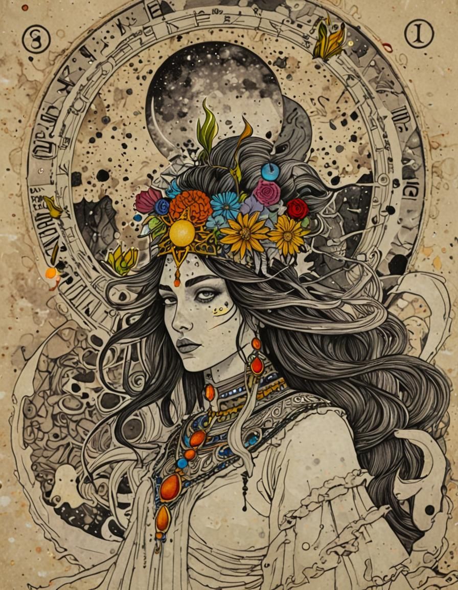 Psychedelic Star Goddess Tarot Card in Impasto Style