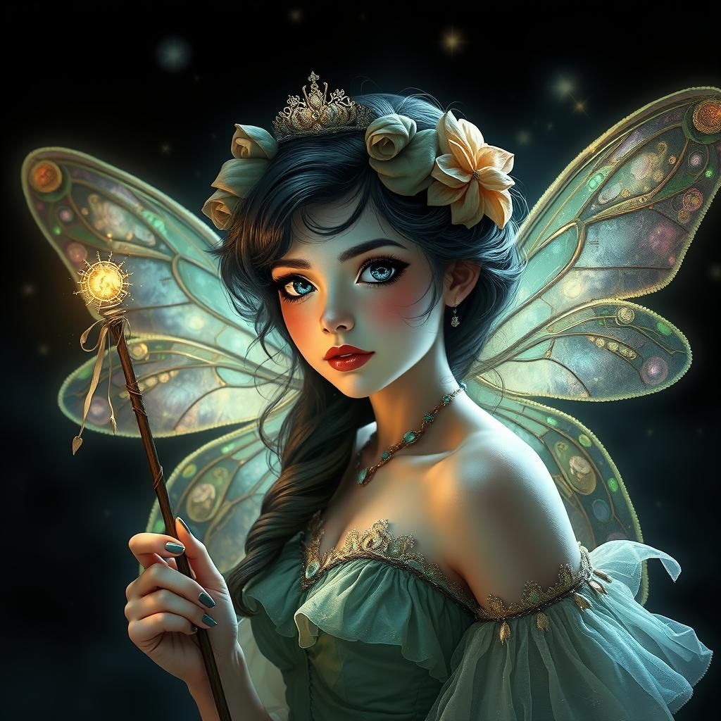 Dreamy Fairy Portrait with Wand, Digital Illustration