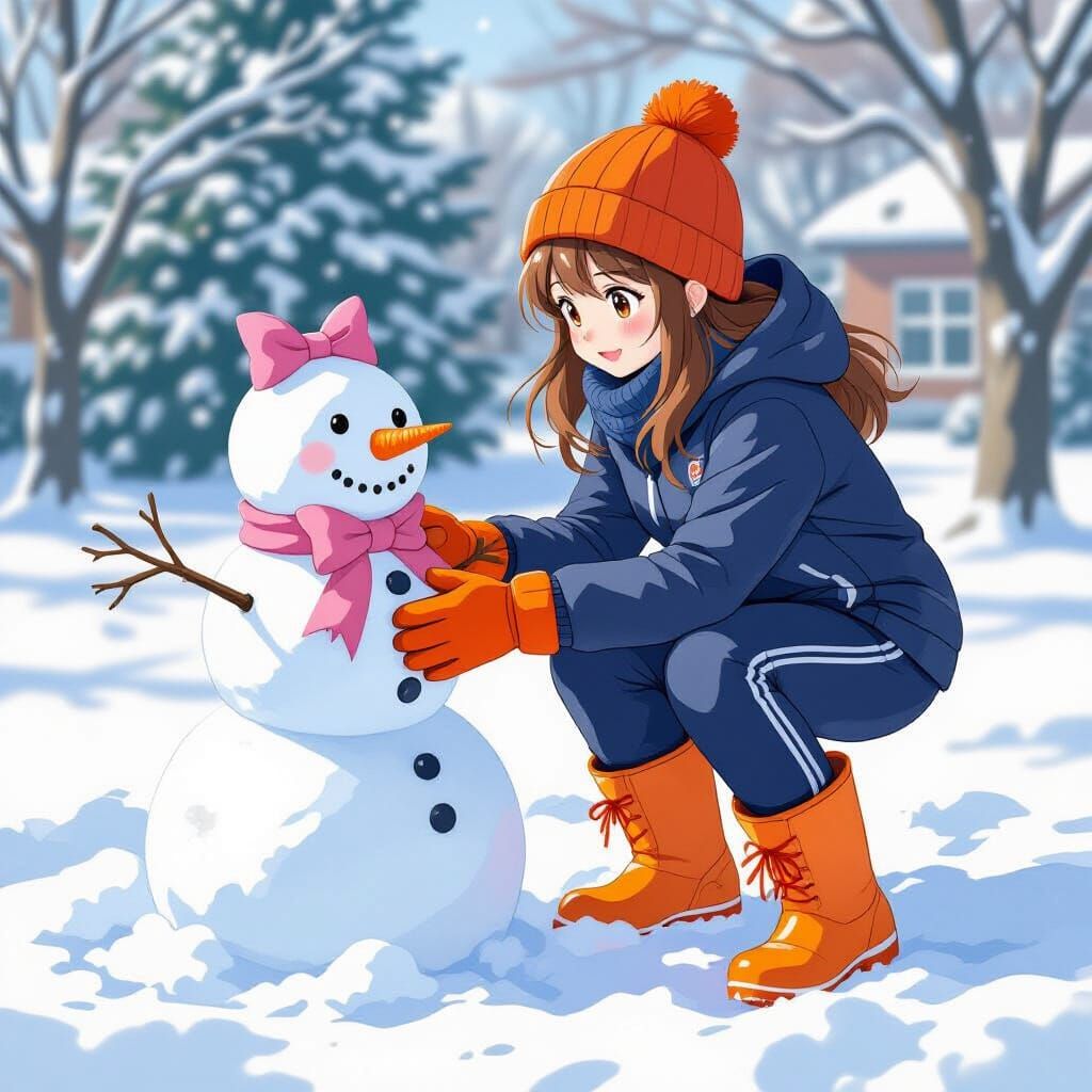 Girl Builds Snowman in Snowy Playground, Whimsical Style