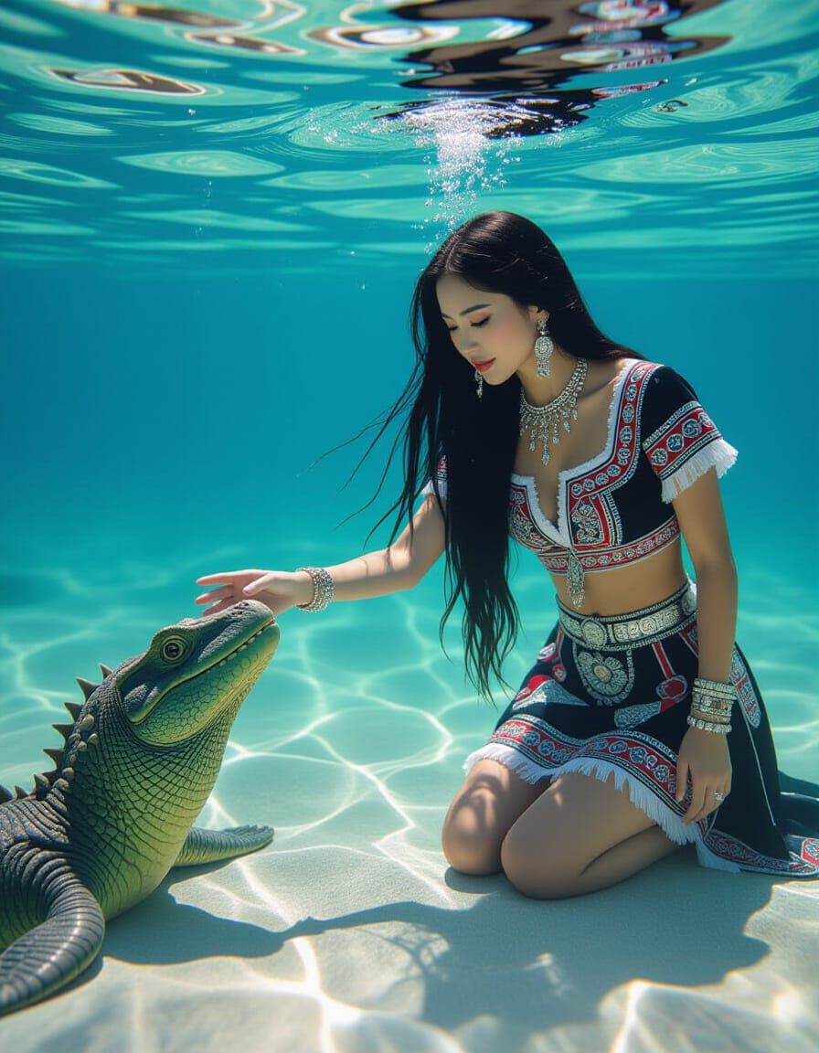 Hmong Girl's Jurassic Dive: A Photorealistic Underwater Scen...