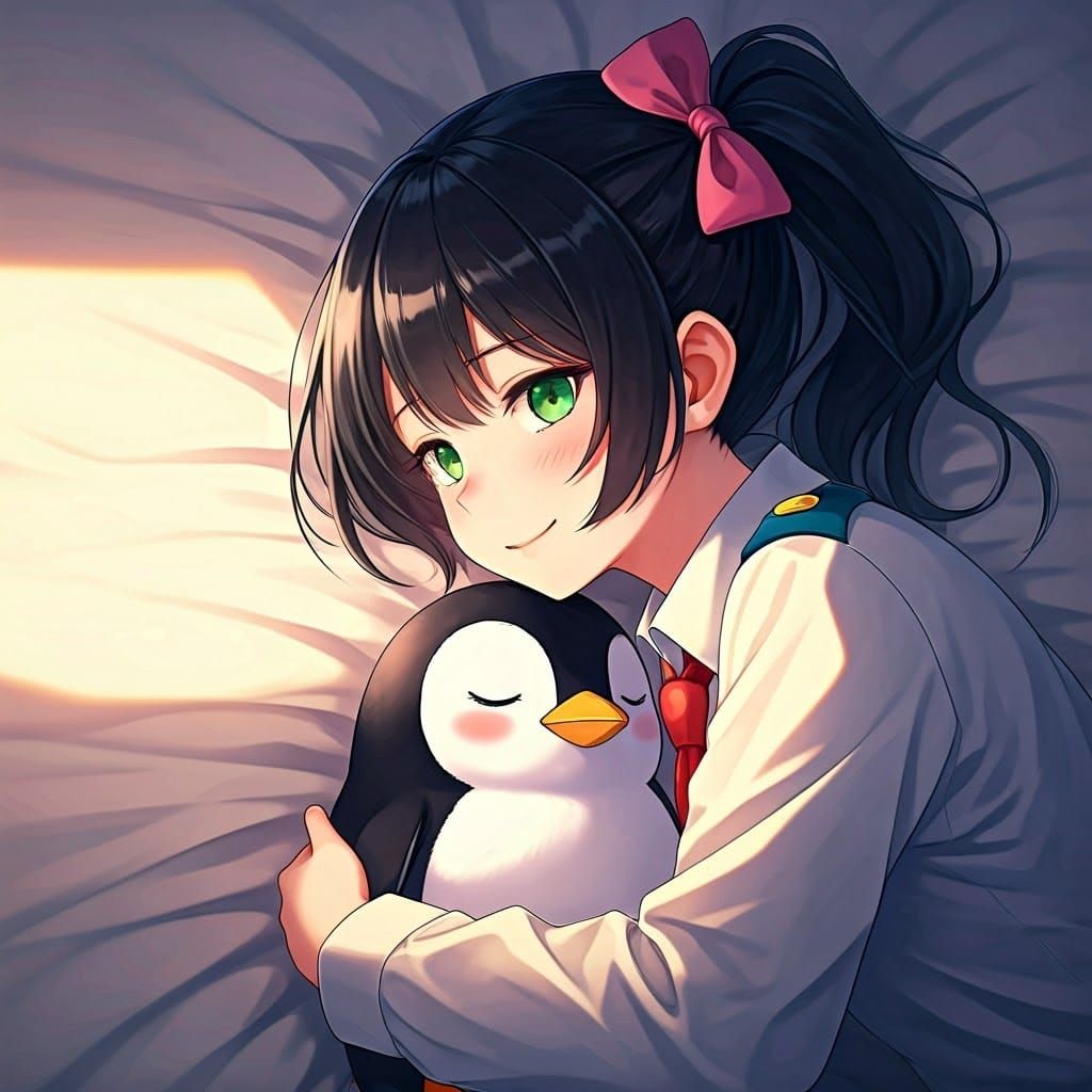 Anime Girl Sleeping with Penguin, Cel-Shaded Digital Art