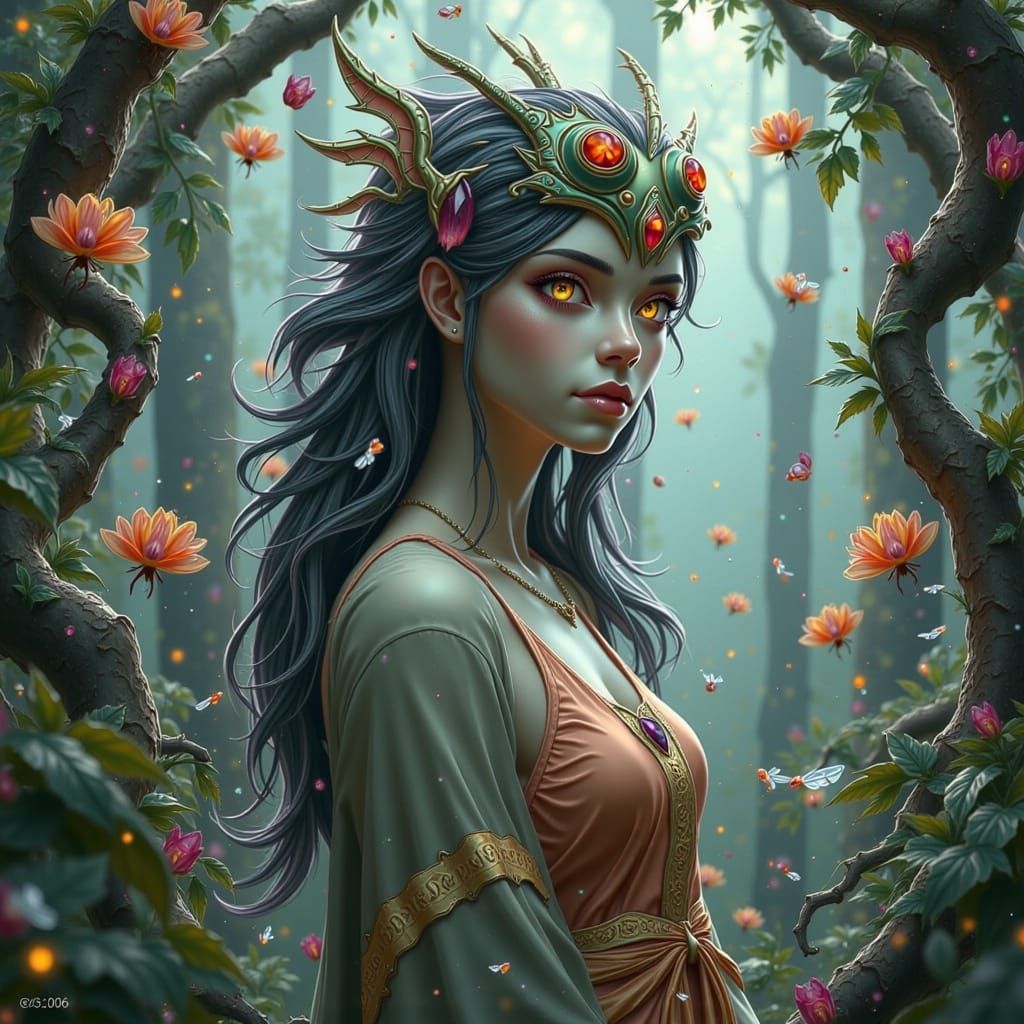 Dragon-Eyed Girl in Mystical Forest, Dreamlike Art