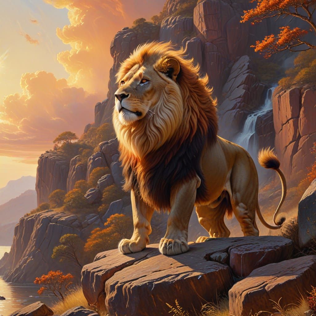 Lion with Fiery Mane in Hudson River School Style