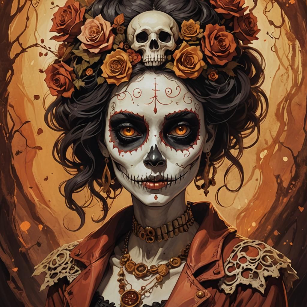 Stylized Skull Girl in Warm Cartoon Style