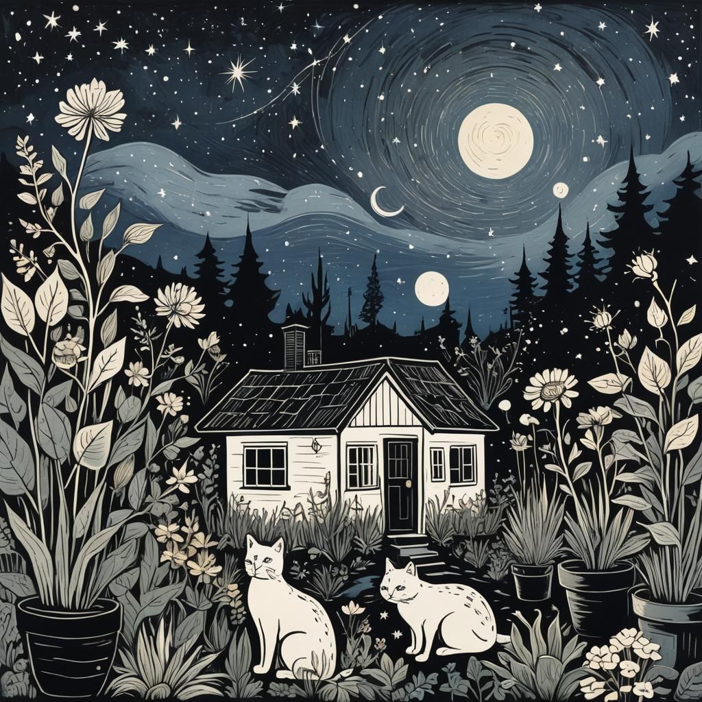 Linocut House with Cat and Starry Night