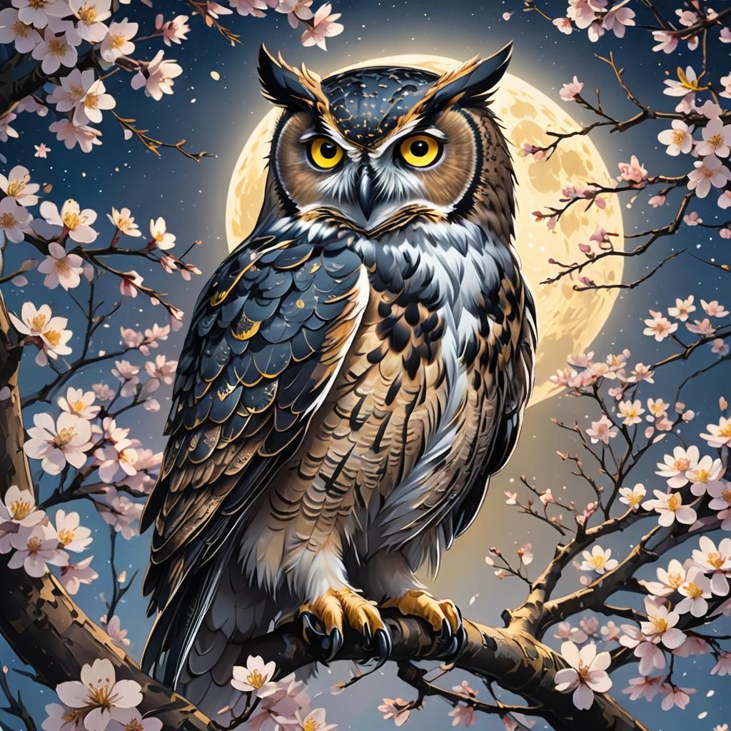 Anime-Style Owl Perched Among Cherry Blossoms
