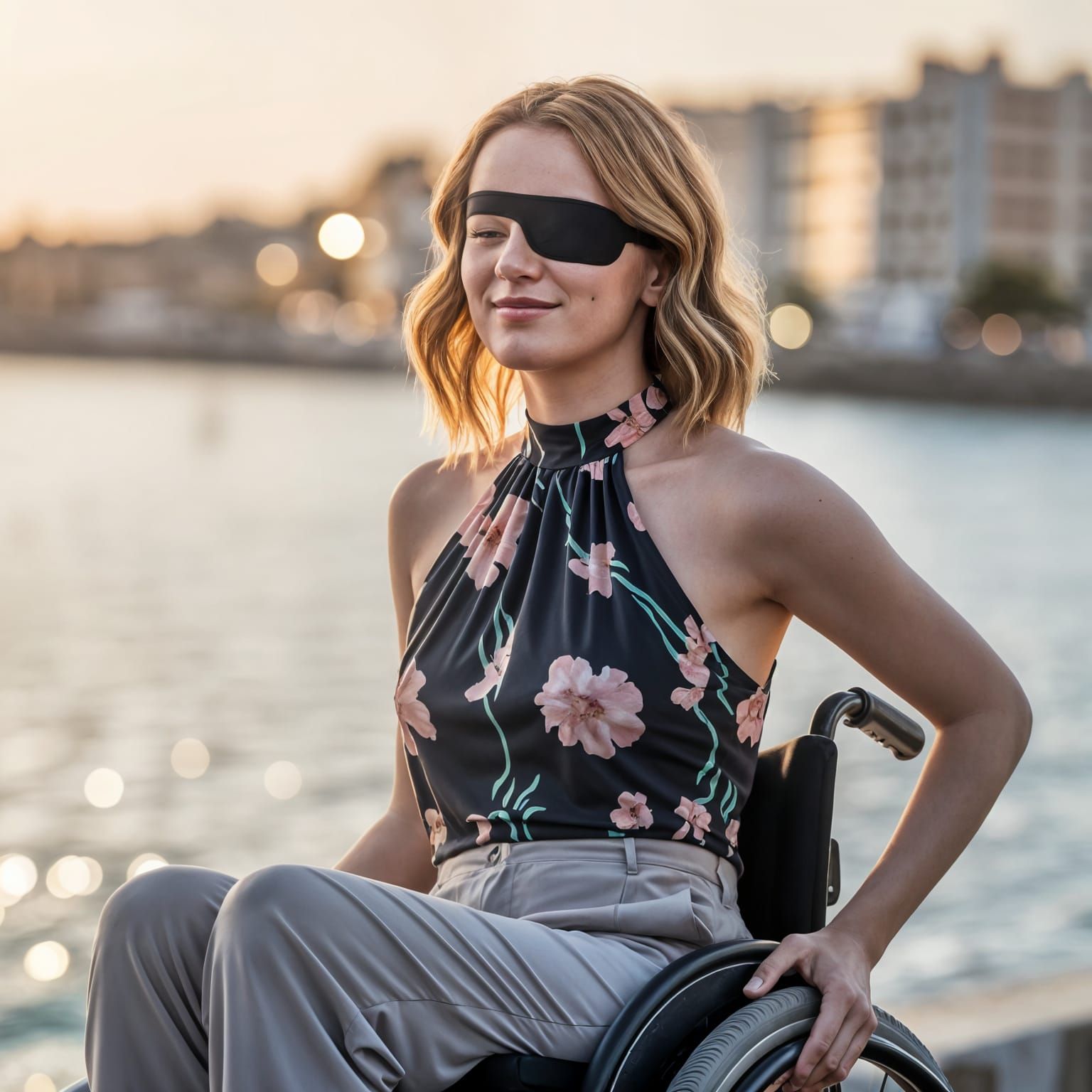 Woman with Eyepatch in Wheelchair at Mediterranean Sunset