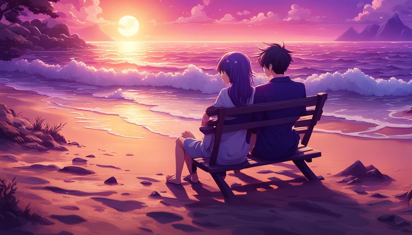 Anime Sunset: Couple on Beach in Detailed Matte Painting
