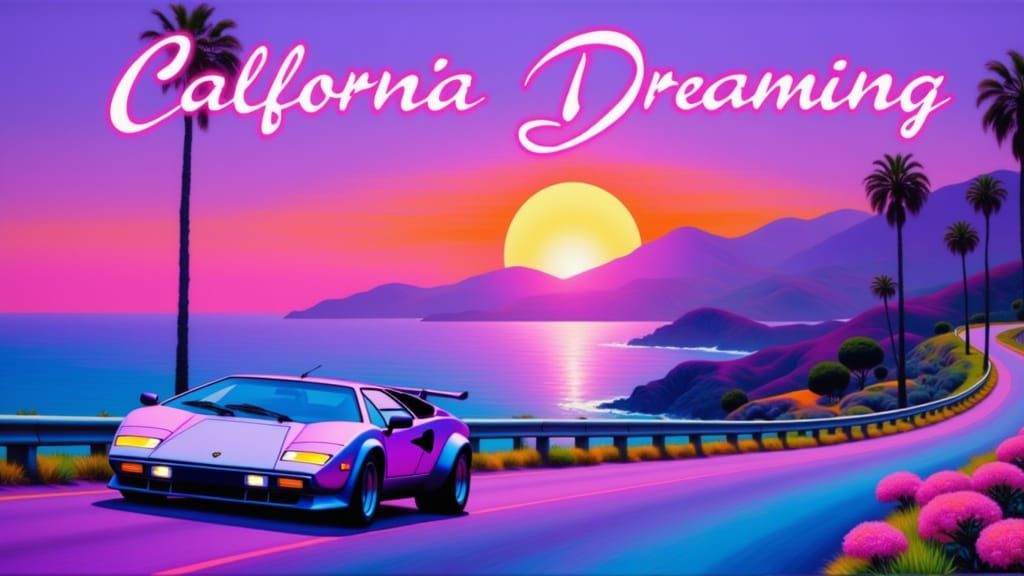 Vaporwave Lamborghini Countach Races Toward California Sunse...