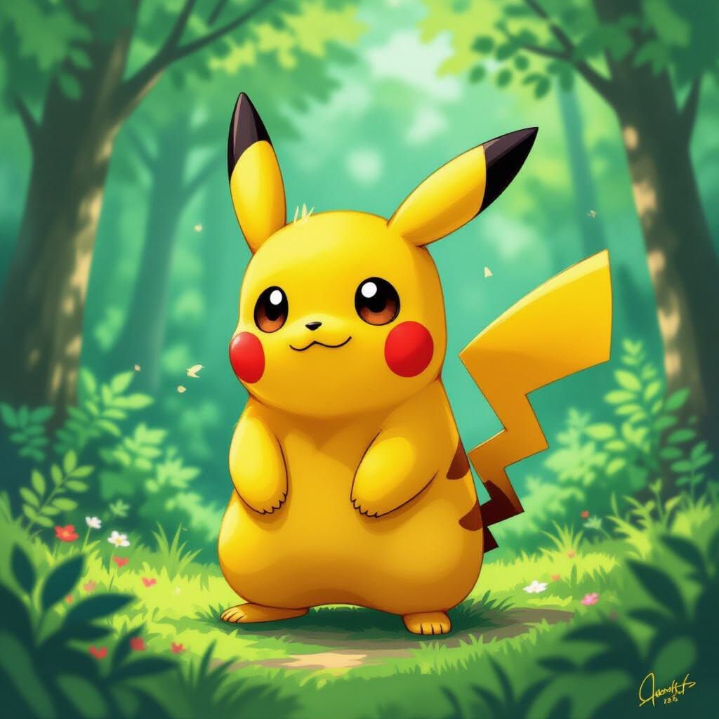 Pikachu in Lush Forest, Animated Style