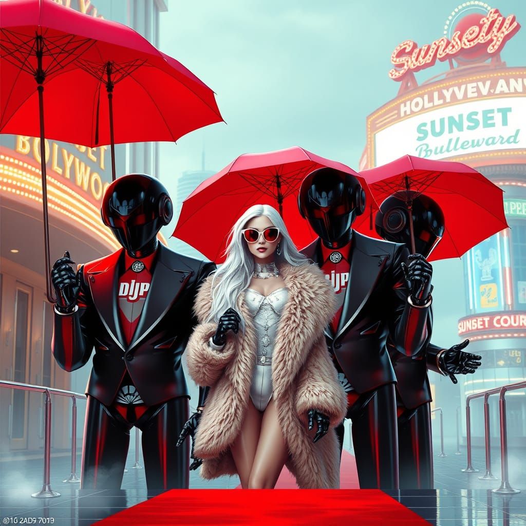 Cyberpunk Robots Guarding DJ Girl in Hollywood