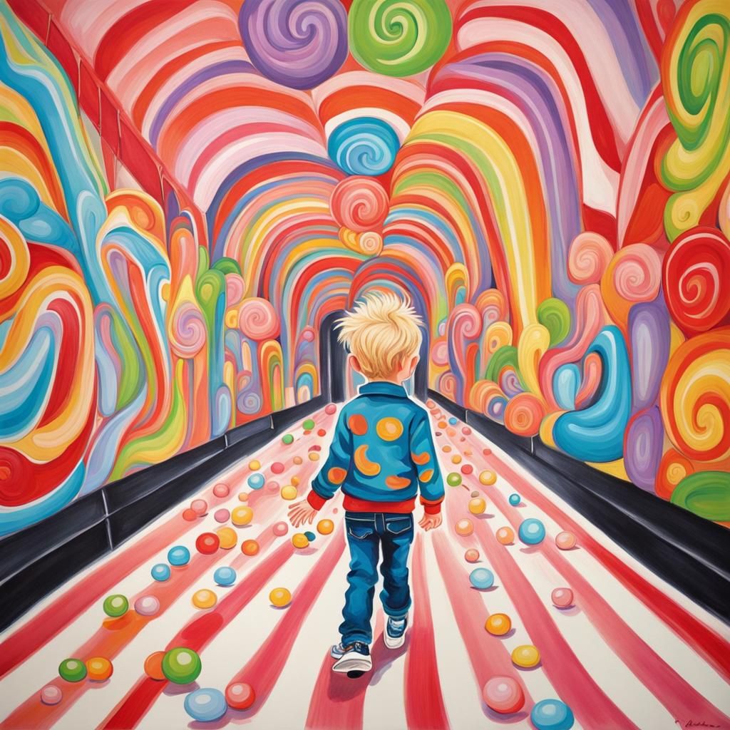 Boy in Guinness Jacket: Candyland Gouache Mall Scene