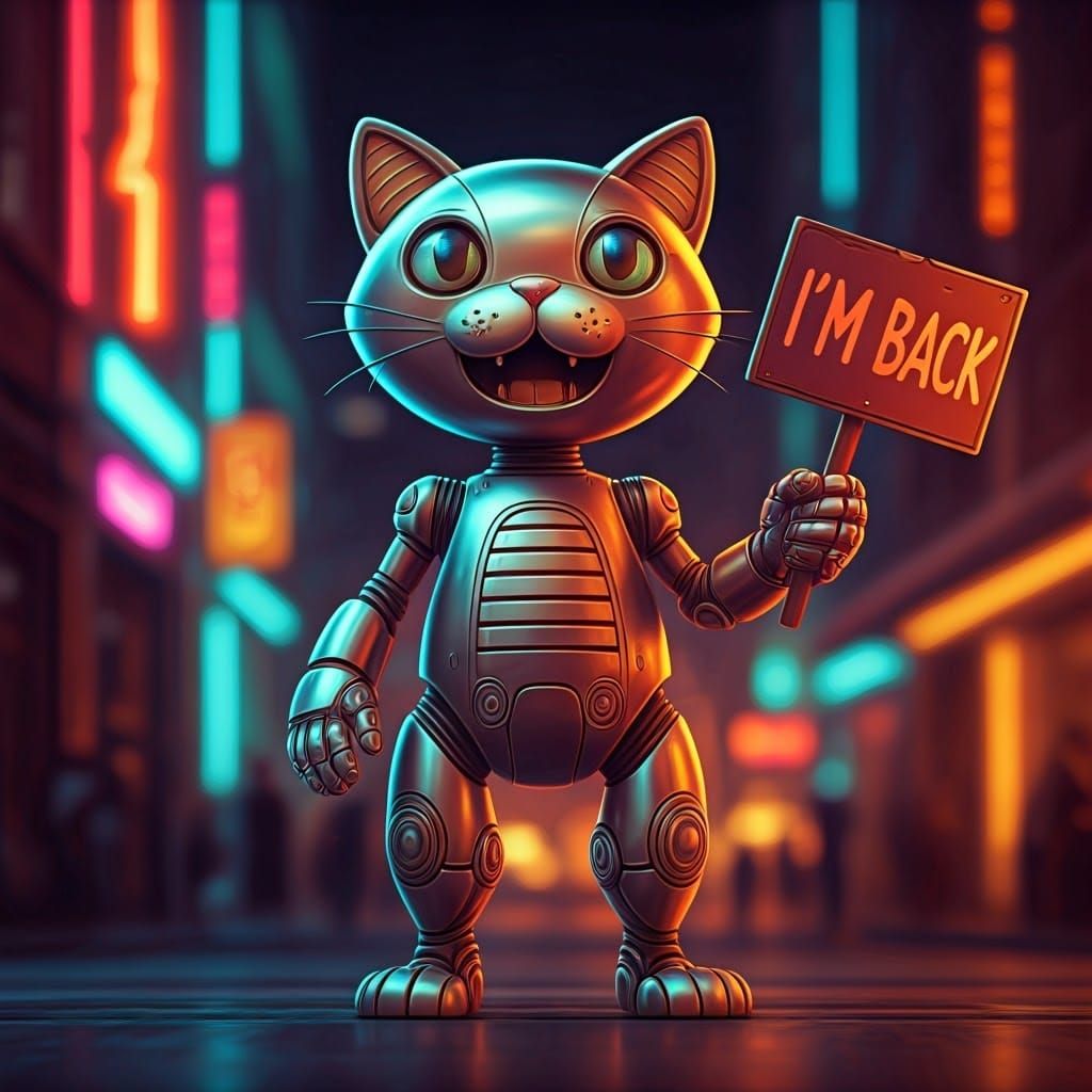 Robot Kitty Returns to Neon Cityscape
