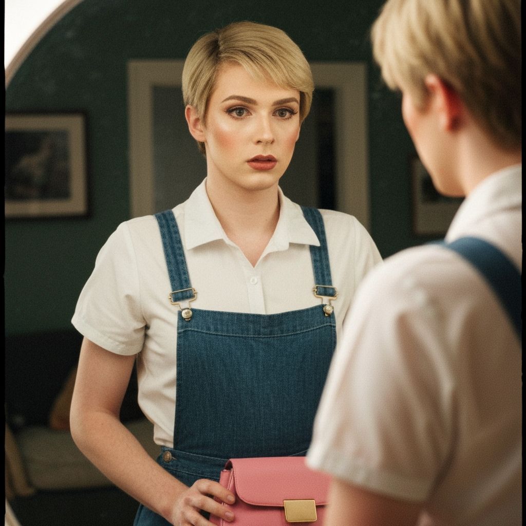 Blond Teen Crossdressing in Pinafore Dress