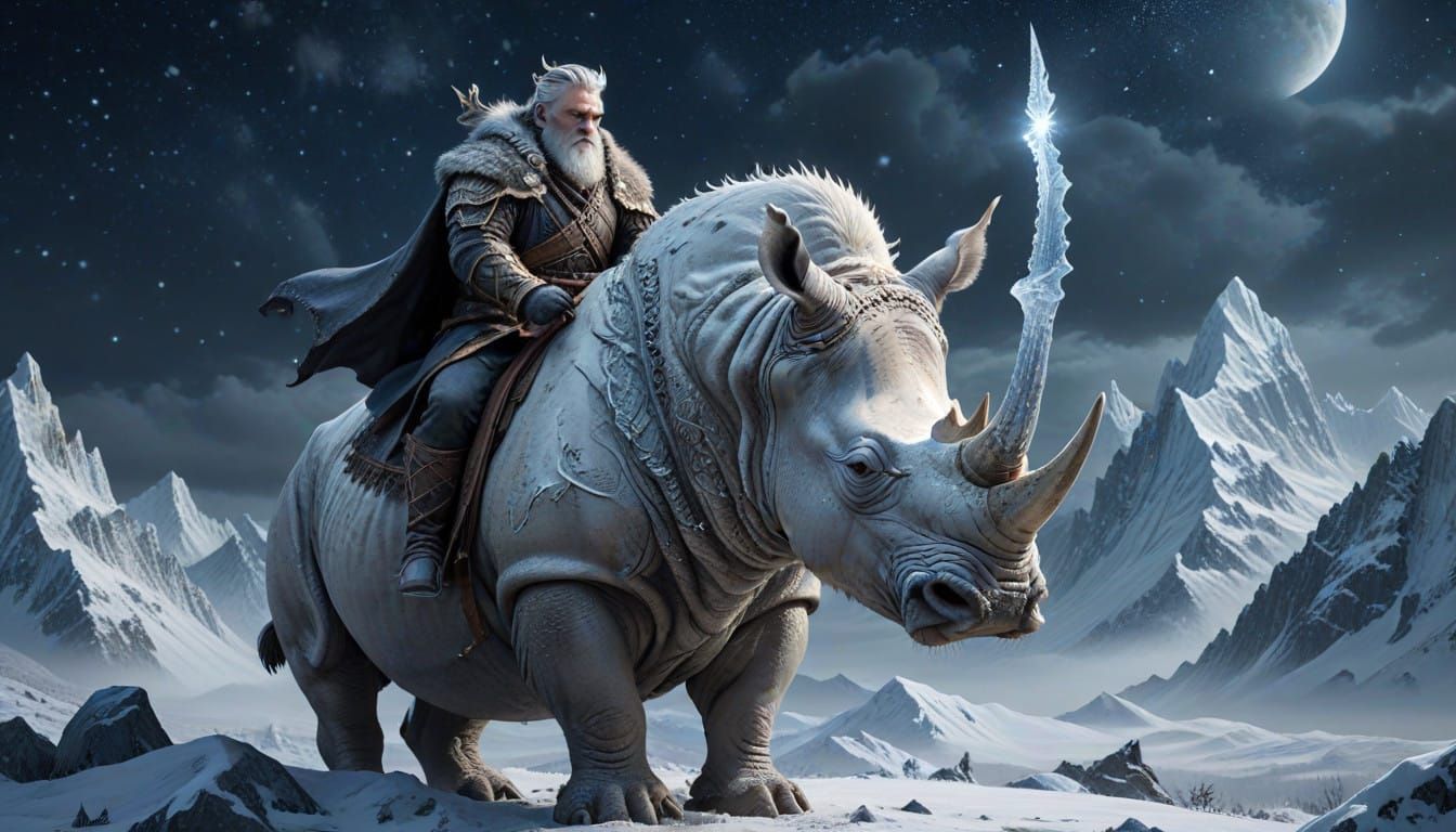 Winter King on Frost-Covered Rhinoceros in Snowy Mountains