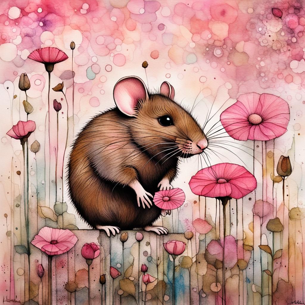 Chibi Mouse Portrait in Pink Art Brut Style