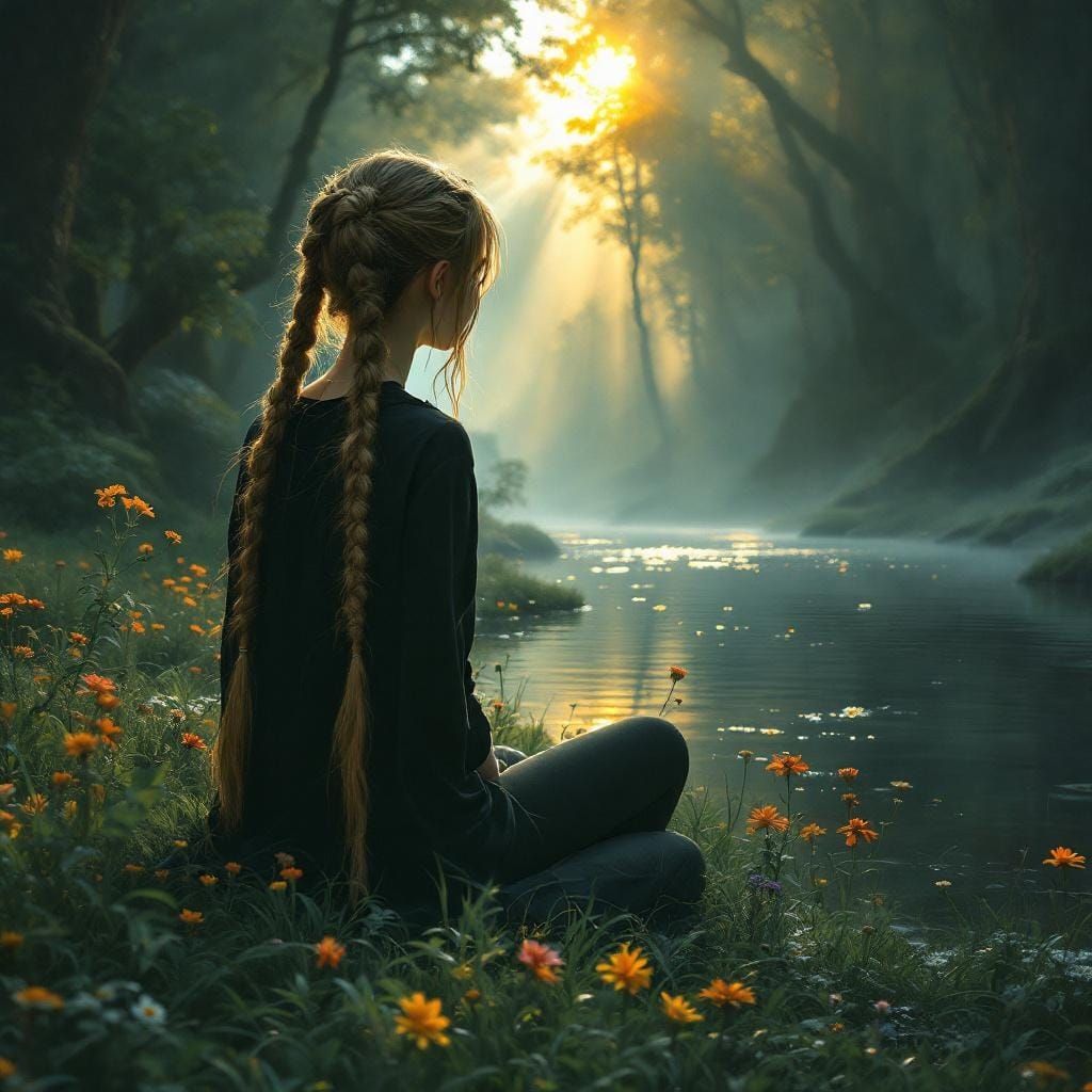 Woman with Golden Hair in Mystical Forest