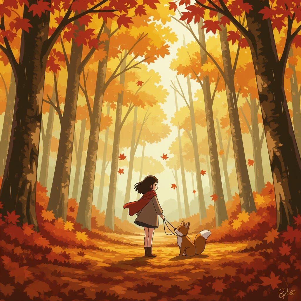 Autumn Forest Scene with Girl and Dog, Ghibli Anime Style